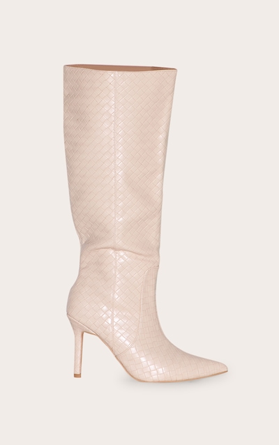 Bottes montantes à talons en PU tressé avoine à bout pointu
