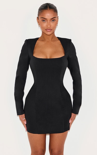 Shape Black Stretch Woven Square Neck Long Sleeve Ruched Waist Mini Dress