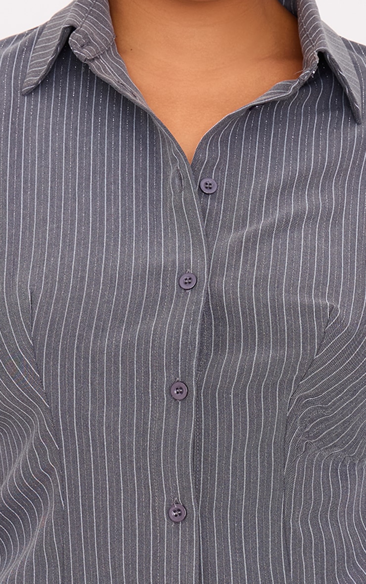 Plus Grey Tailored Woven Glitter Pinstripe Fitted Shirt image 4