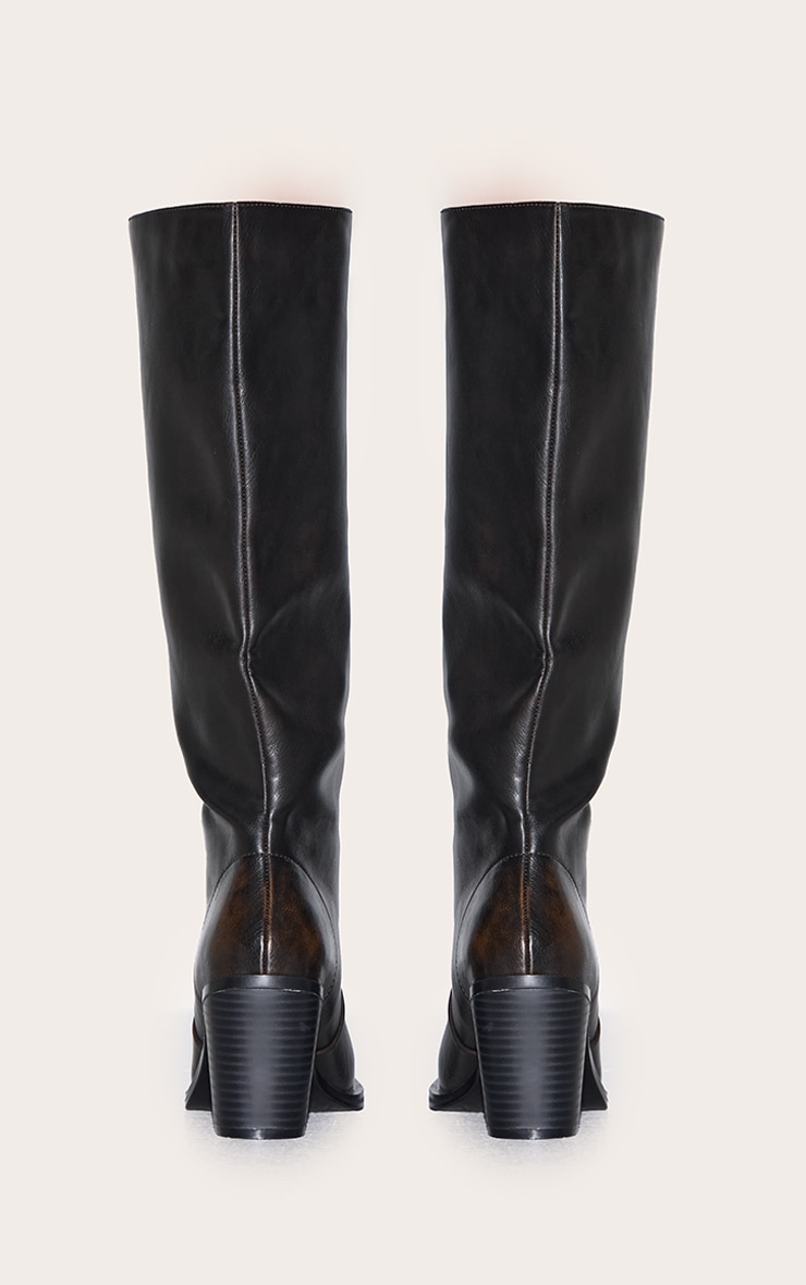Brown Burnish Pu Square Toe High Block Heel Knee High Boots image 3
