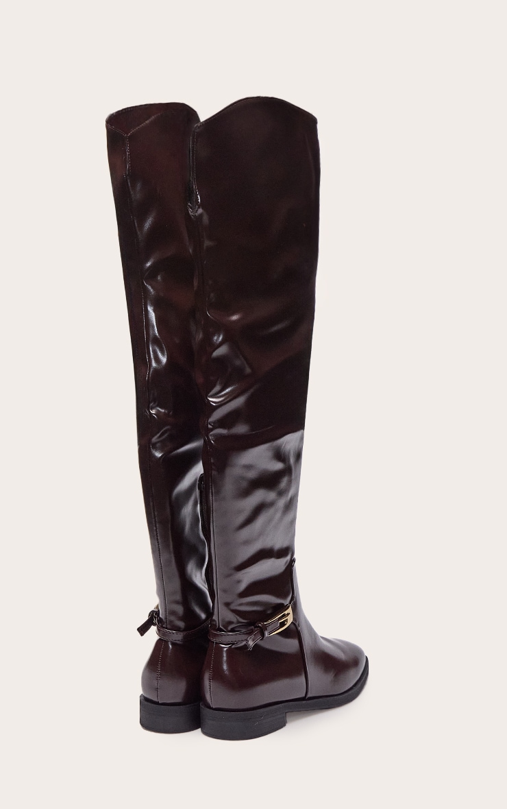 Chocolate Patent Buckled Over The Knee Flat Boot image 3