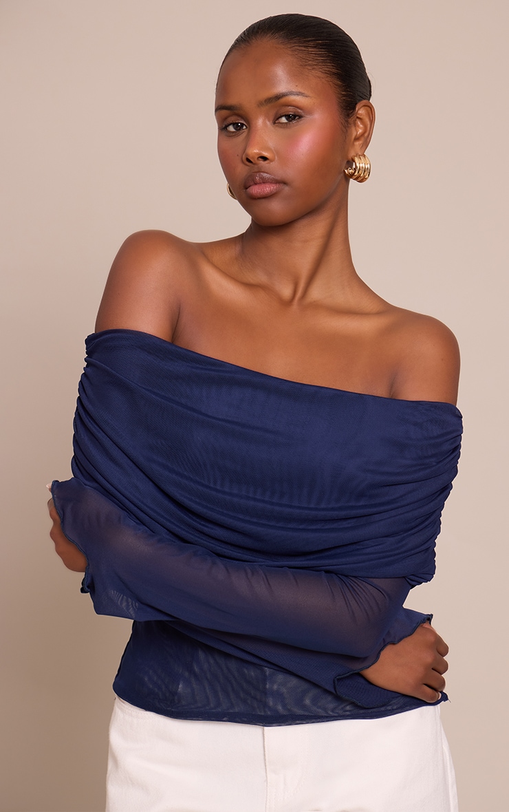 Navy Mesh Fold Over Extreme Sleeve Detail Top image 4