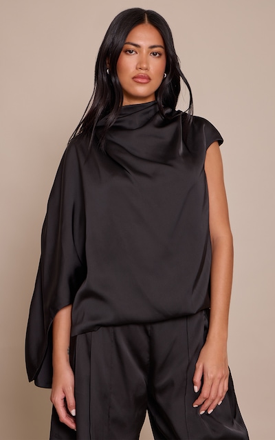 Black Satin One Sleeve Draped Top
