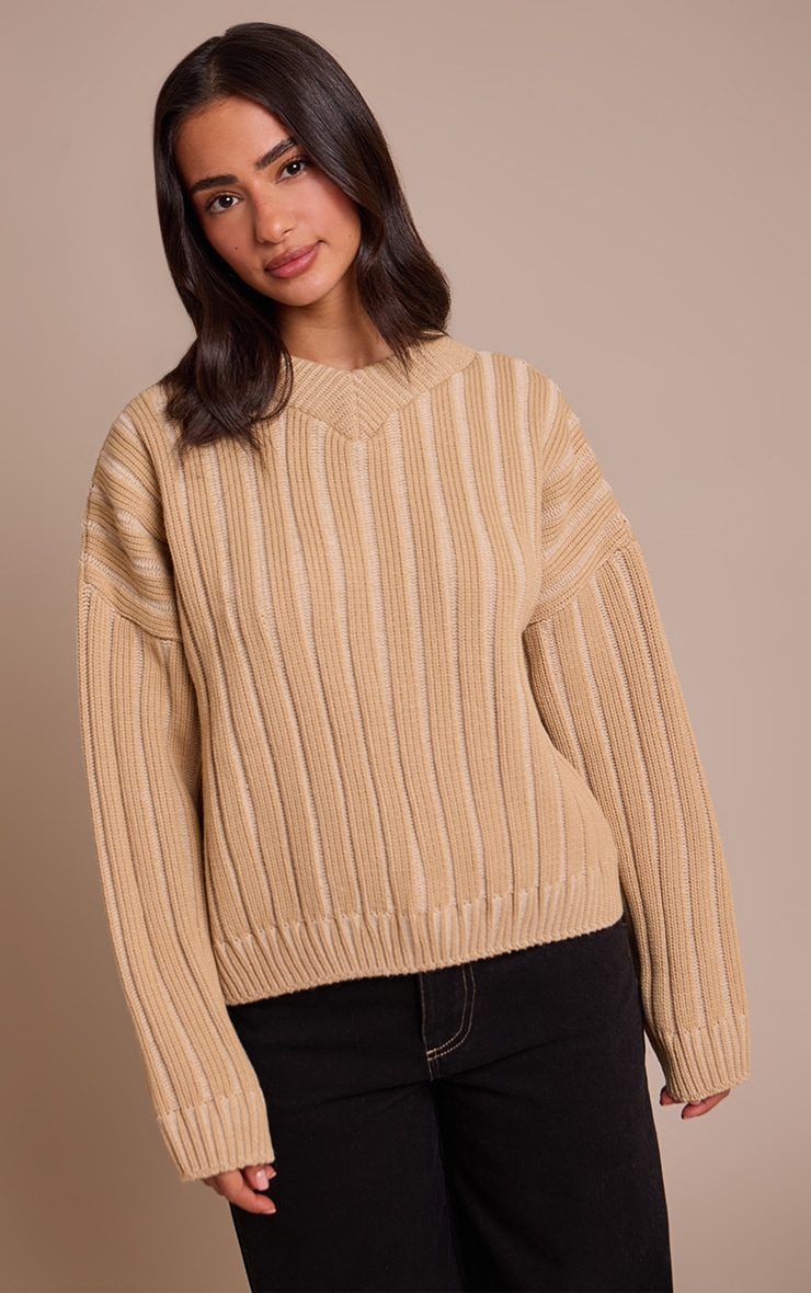 Petite Beige Chunky Rib Knitted V Neck Jumper
