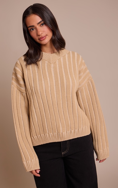 Petite Pull en maille tricot épaisse côtelée beige à col en V