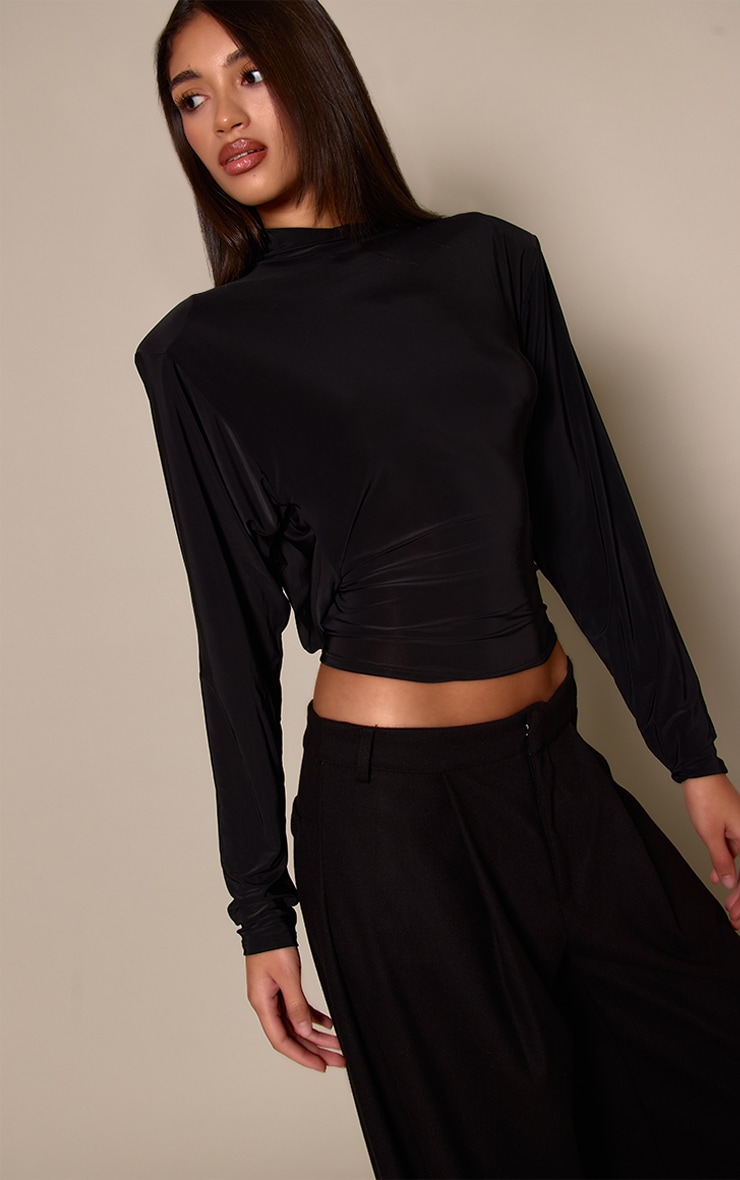 Black Slinky Cowl Back Slouchy Long Sleeve Top  image 4