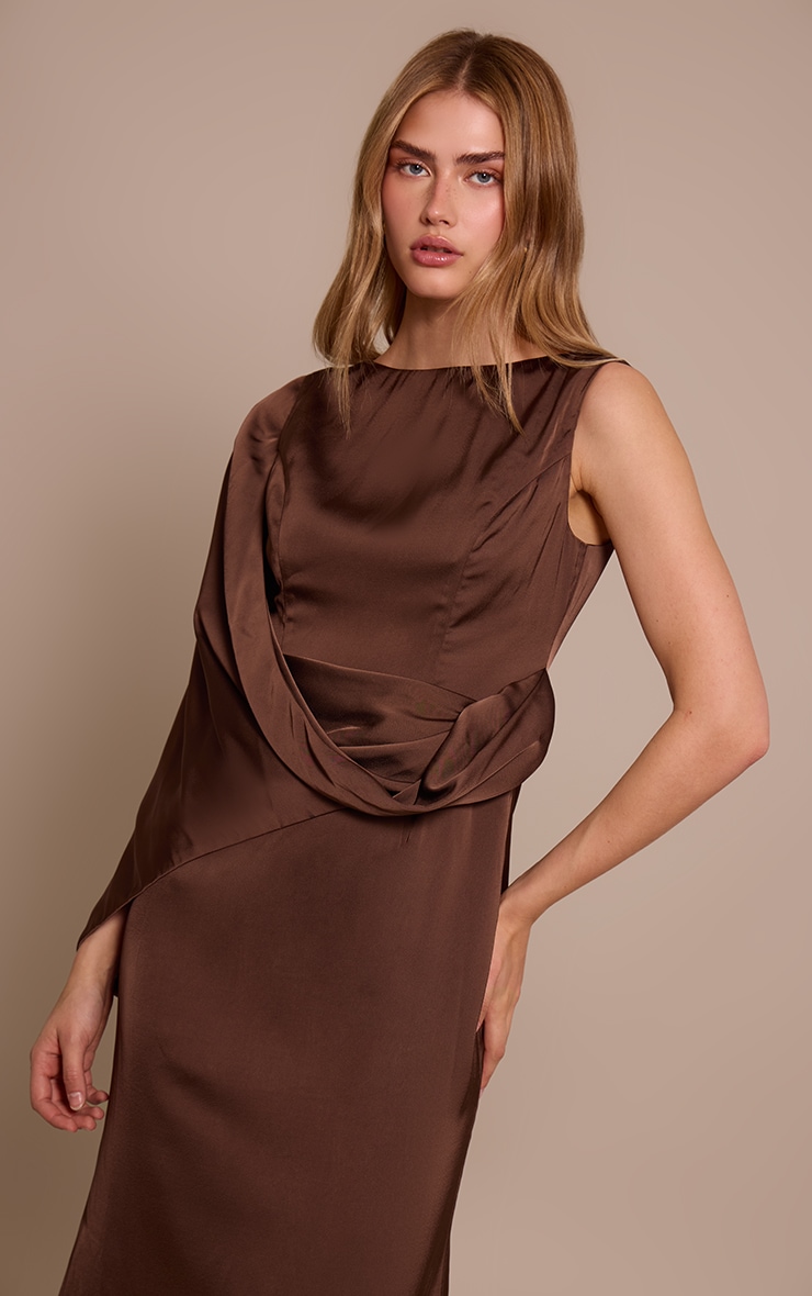 Chocolate Asymmetric Cape Detail Boat Neck Maxi Dress image 4