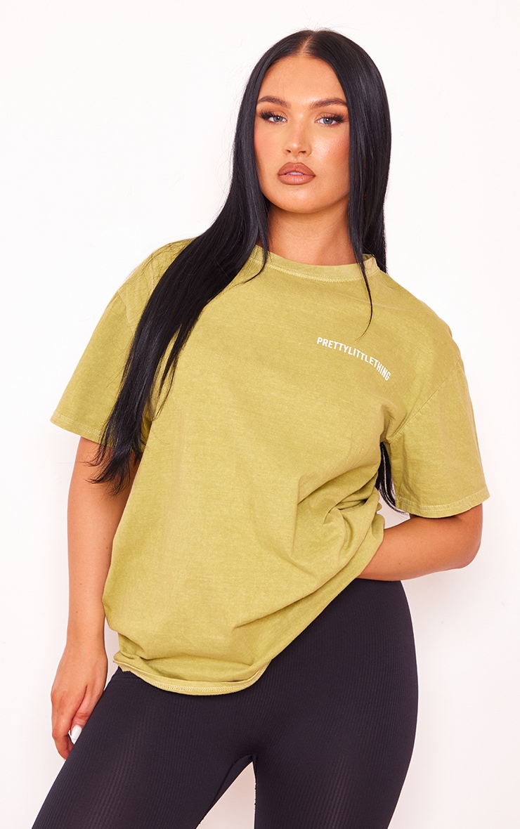 PRETTYLITTLETHING Olive Washed Print T Shirt | Tops | PrettyLittleThing AUS