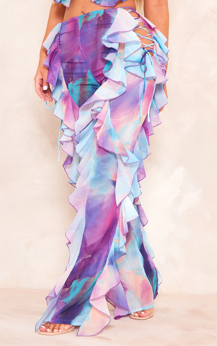 Aqua Tie Dye Sheer Chiffon Tiered Ruffle Flared Pants image 2