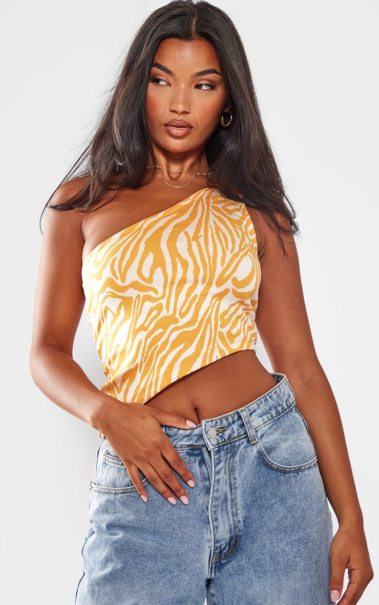 Orange Jacquard One Shoulder Asymmetric Top Tops PLT IRE