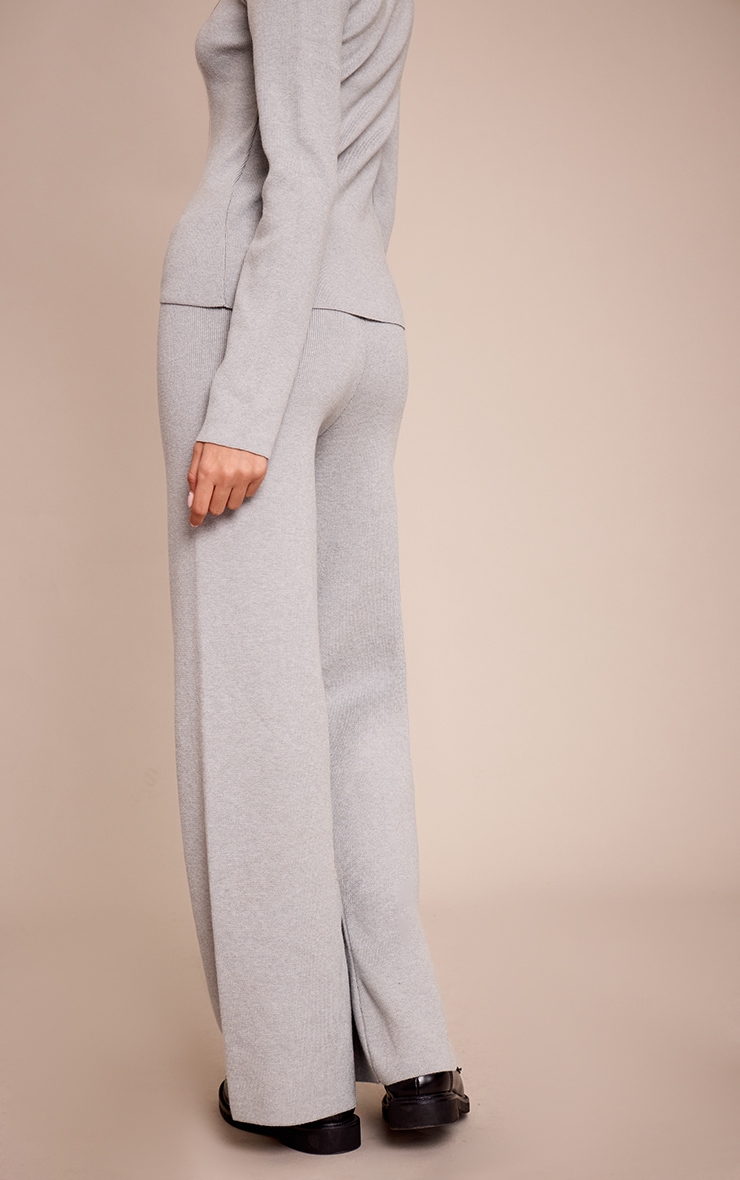 Grey Ribbed Knitted Wide Leg Pants image 3