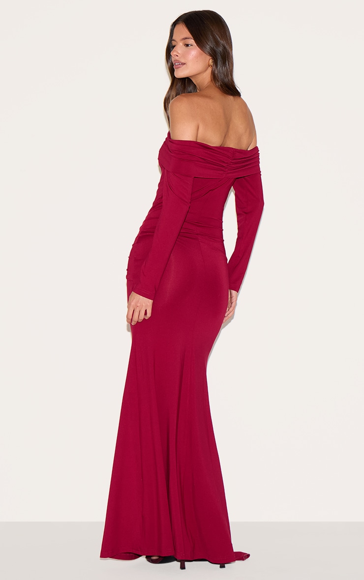 Deep Red Bardot Long Sleeve Trim Drape Detail Maxi Dress image 2