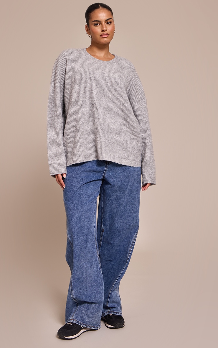 Plus Ash Grey Round Neck Knit Raglan Sleeve Sweater image 3