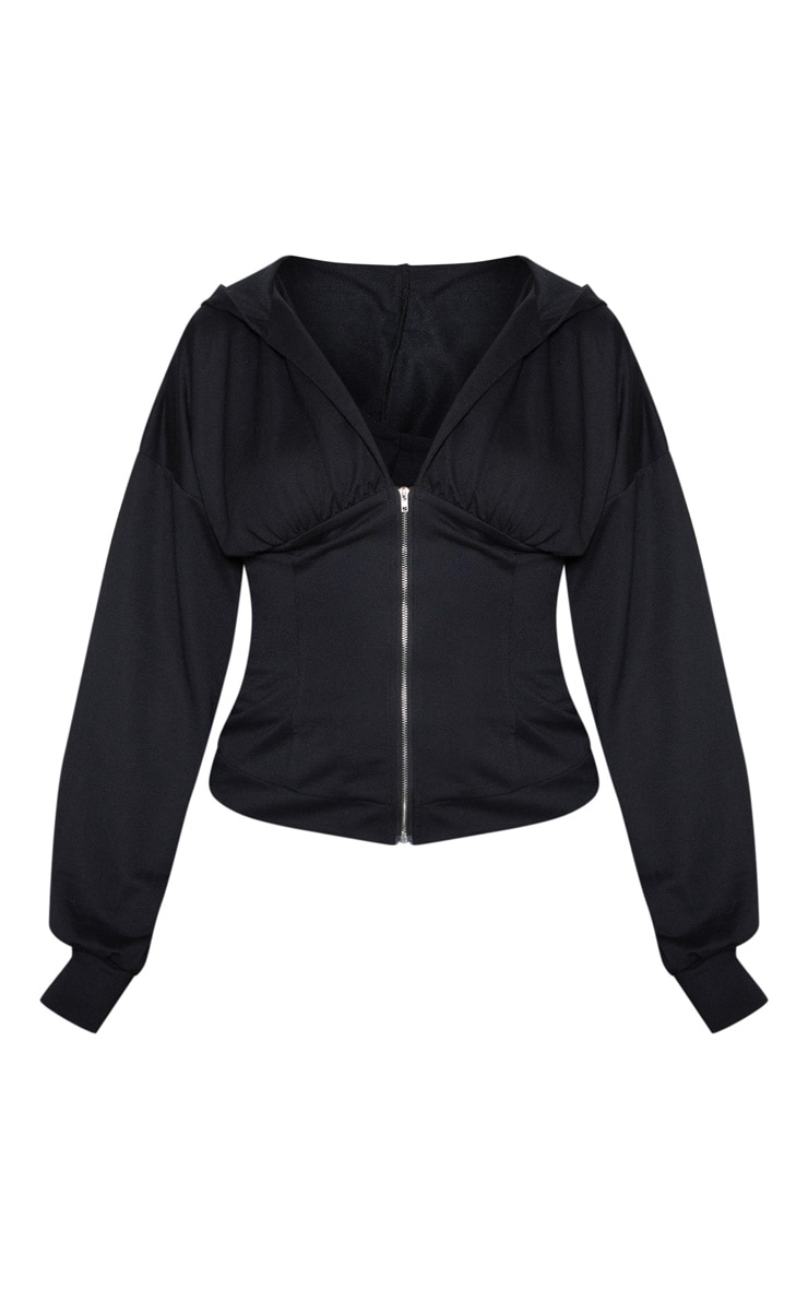 Black Ruched Zip Front Hoodie image 3