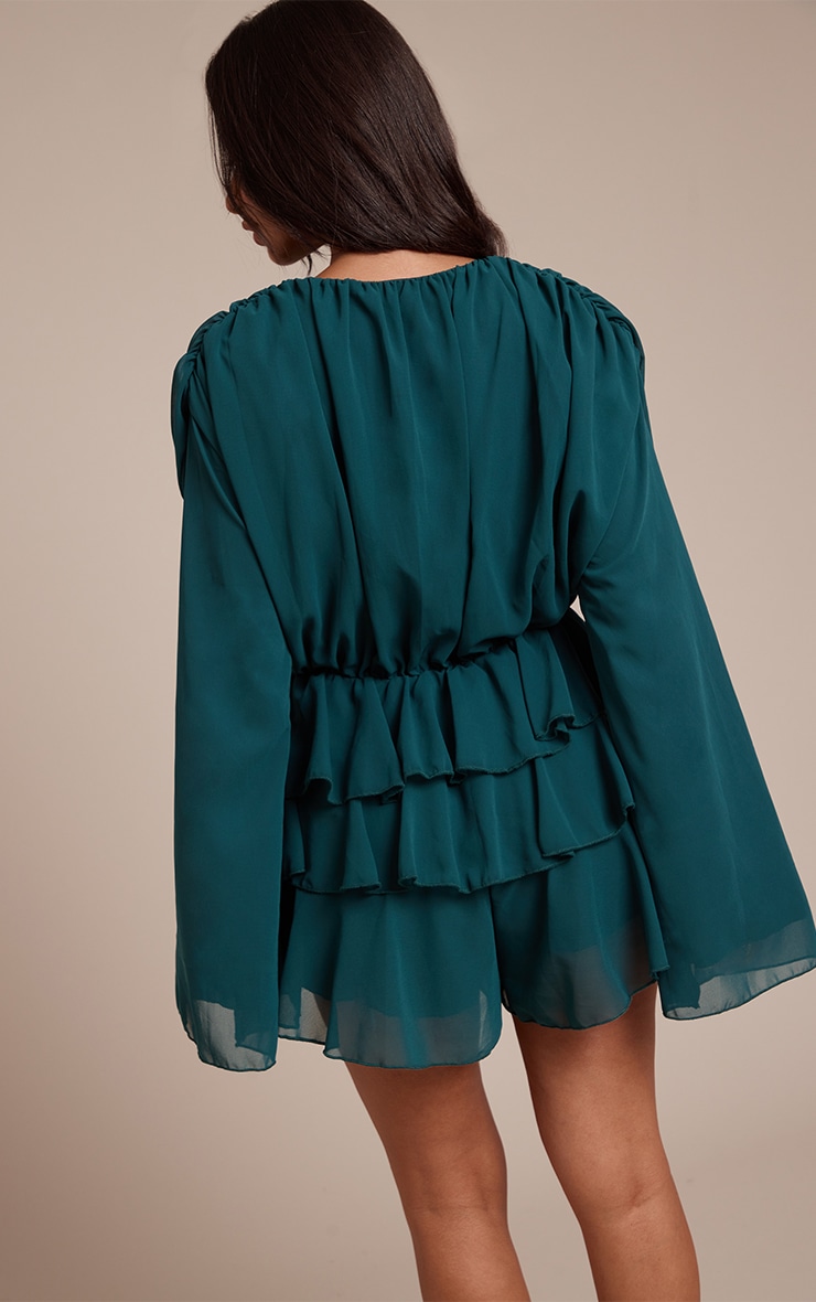 Petite Teal Ruffle Detail Long Sleeve Tie Neck Playsuit image 2