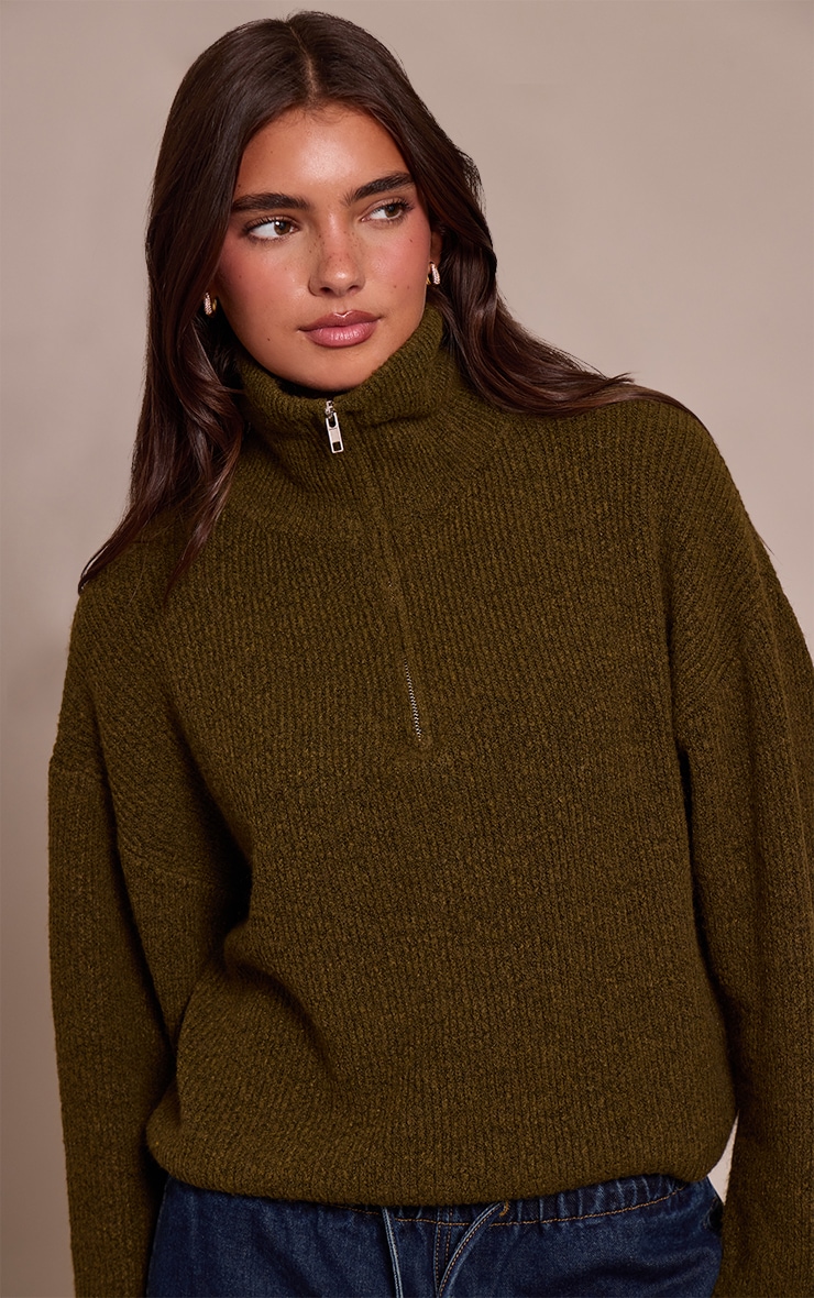 Khaki Half Zip Soft Knit Sweater image 4