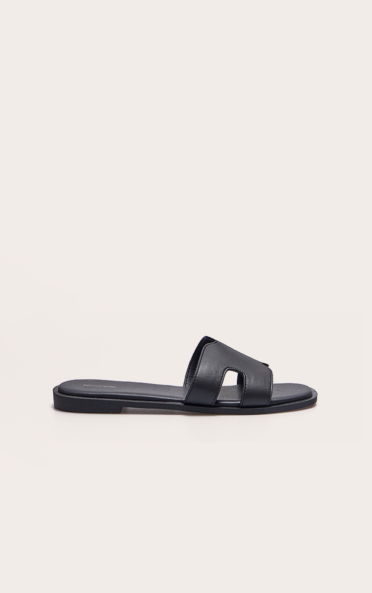 Black PU Square Toe Slider Sandals image 1