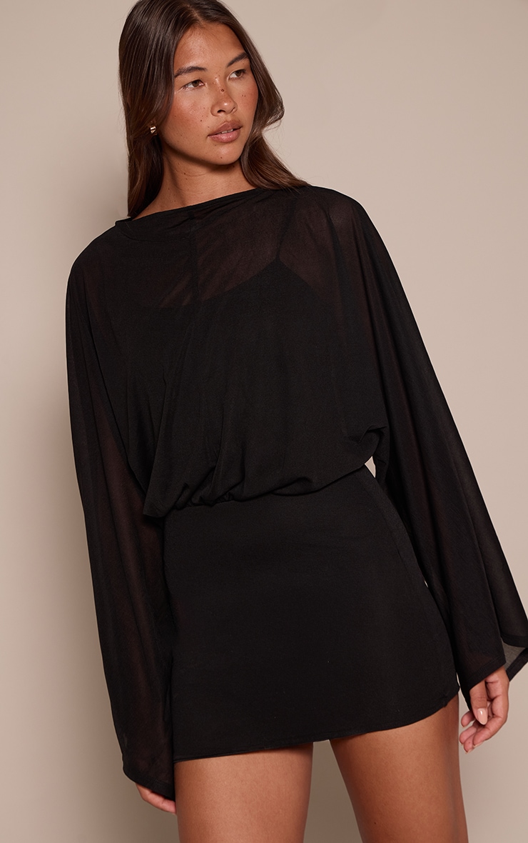 Black Chiffon Overlay Long Sleeve Mini Dress image 1