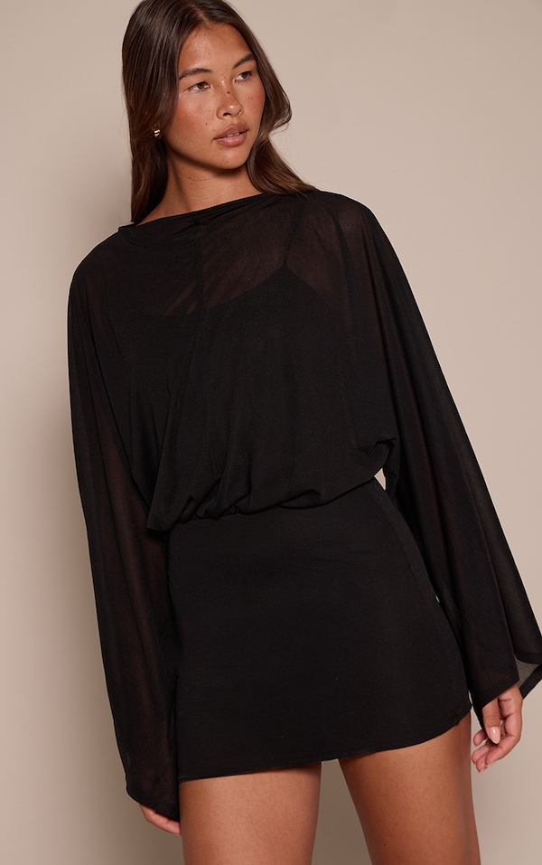 Black Chiffon Overlay Long Sleeve Mini Dress