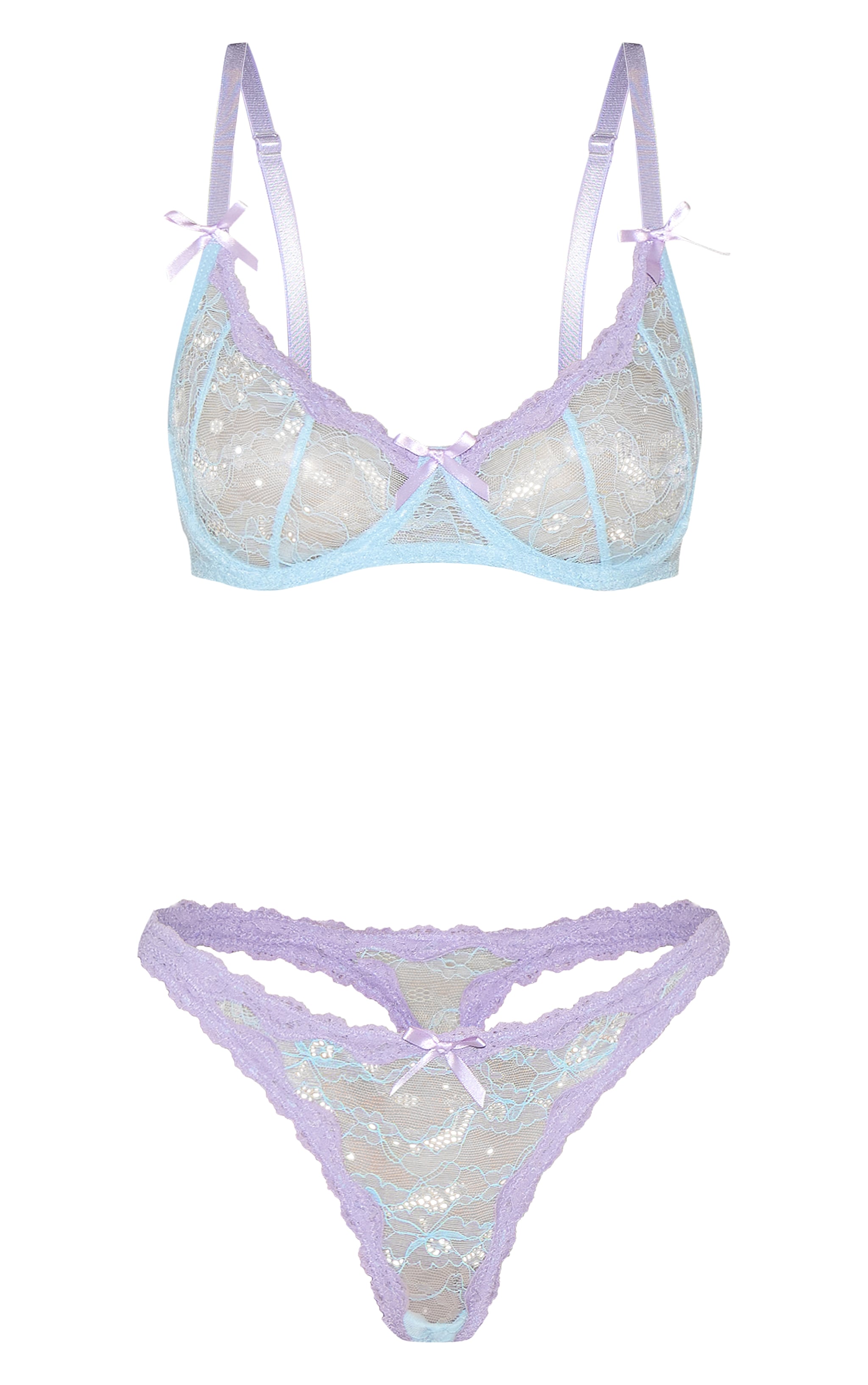 Blue Contrast Lace Underwired Lingerie Set image 5
