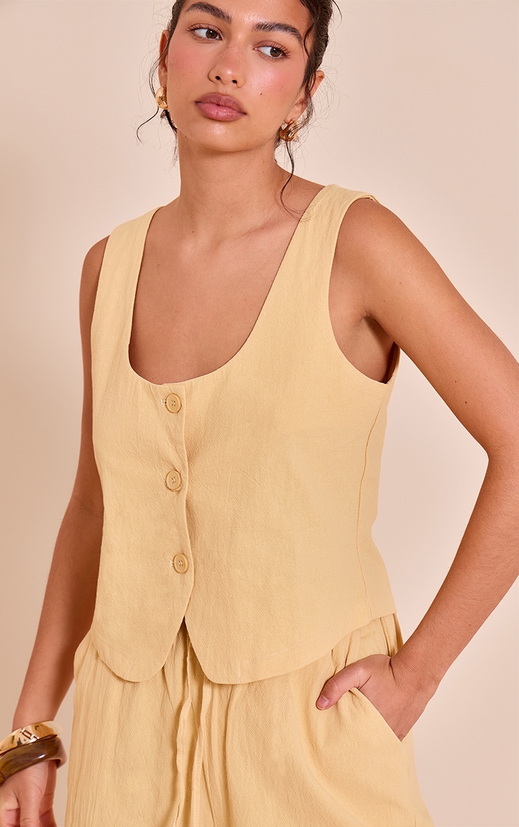 Butter Yellow Tailored Linen Look Scoop Neck Fitted Vest image 4