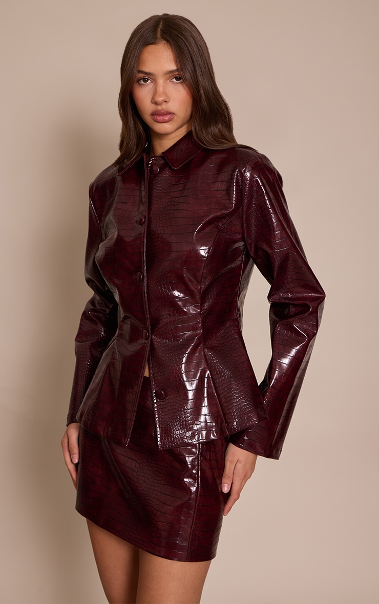 Dark Wine Croc Faux Leather Blazer image 1
