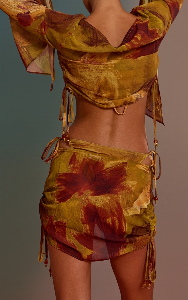 Green Abstract Print Bead Trim Chiffon Beach Skirt image 3