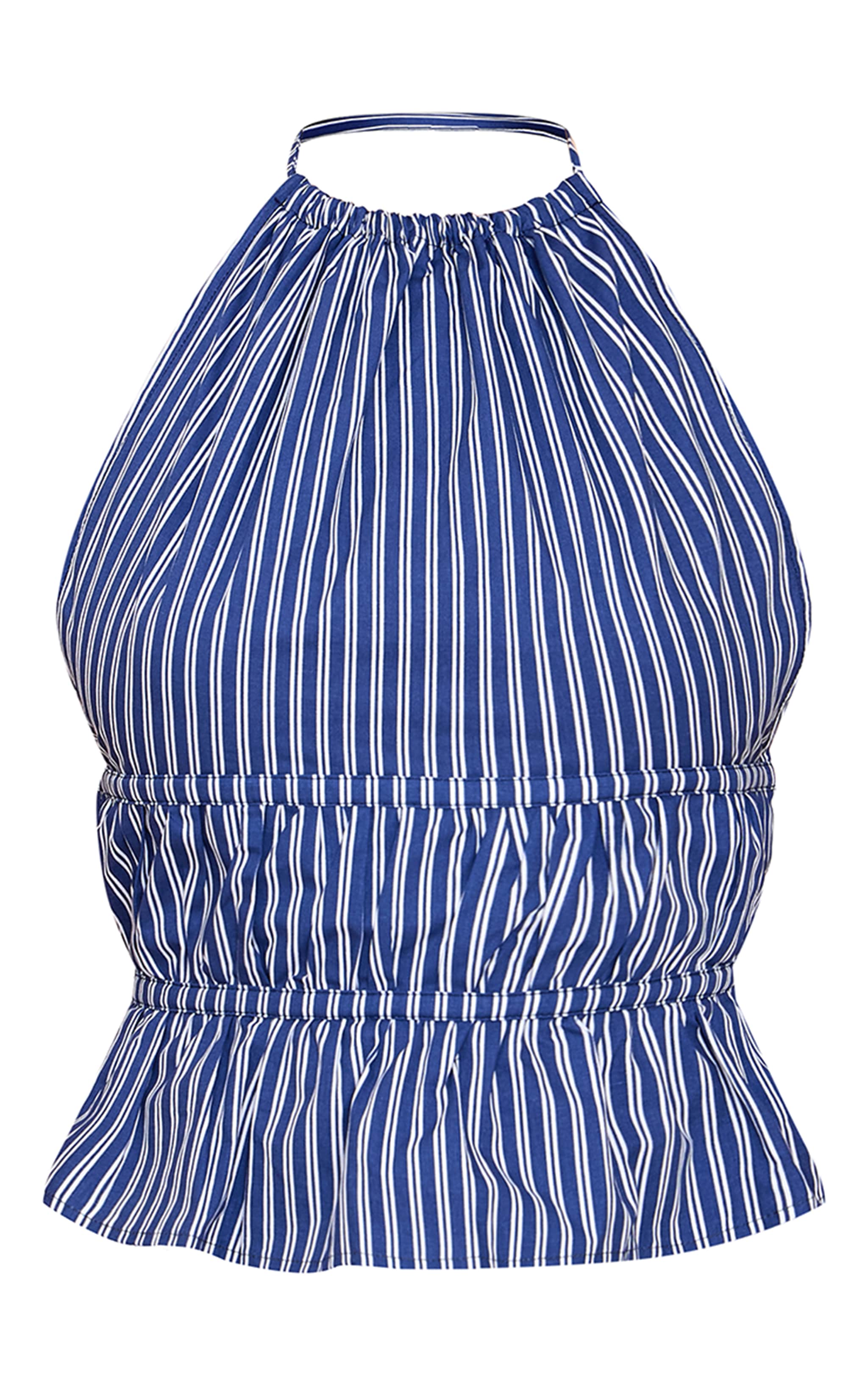 Indigo Stripe Woven Ruched Backless Halterneck Long Top image 5