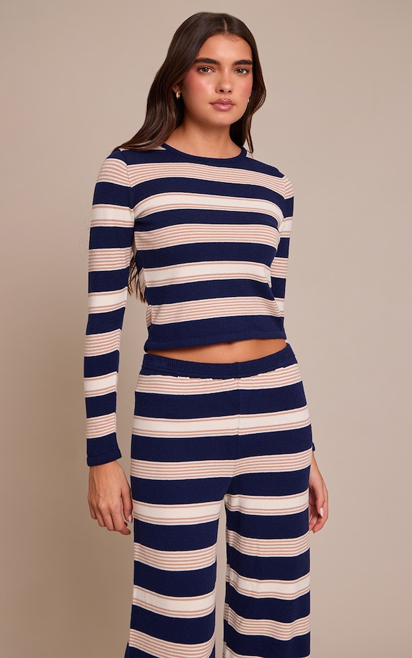 Blue Striped Long Sleeve Knitted T-Shirt  