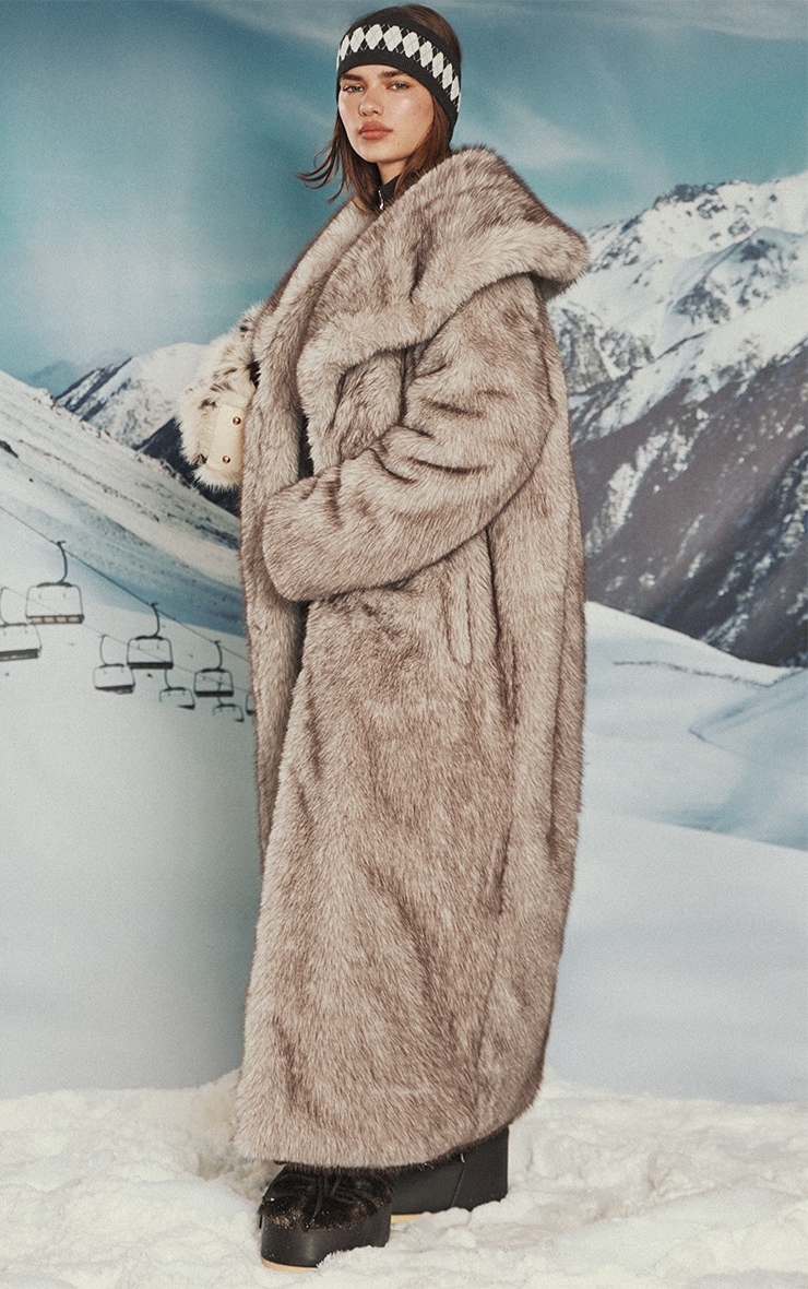 Beige Oversized Collar Fur Maxi Coat image 1