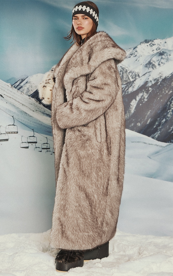 Beige Oversized Collar Fur Maxi Coat