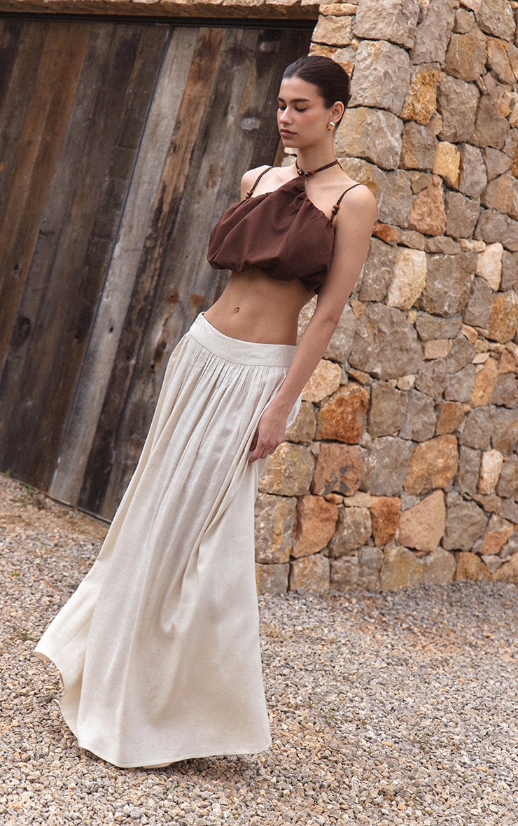 Beige Pleated Linen Look Maxi Skirt image 2