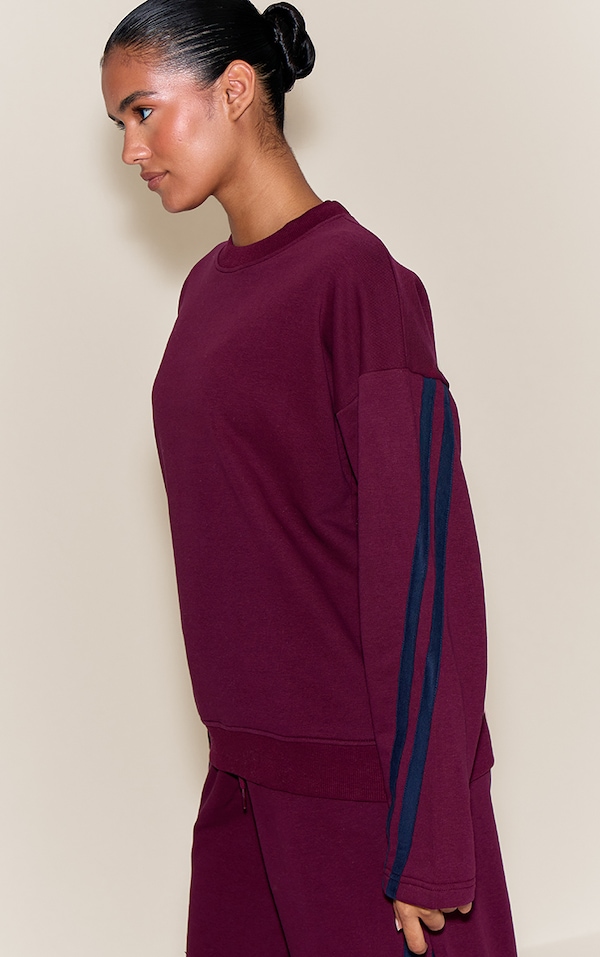 Burgundy Contrast Striped Oversized Sweatshirt