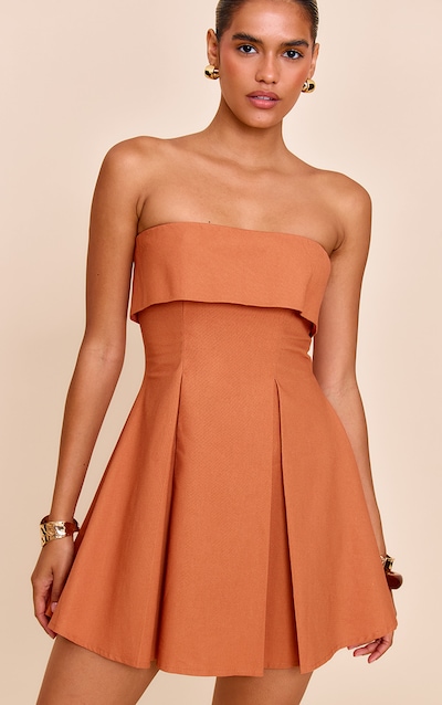 Rust Linen-Blend Bandeau Fold Over Shift Dress