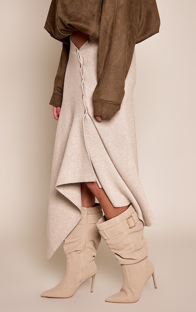 Stone Ruched Stiletto Heeled Knee High Boot