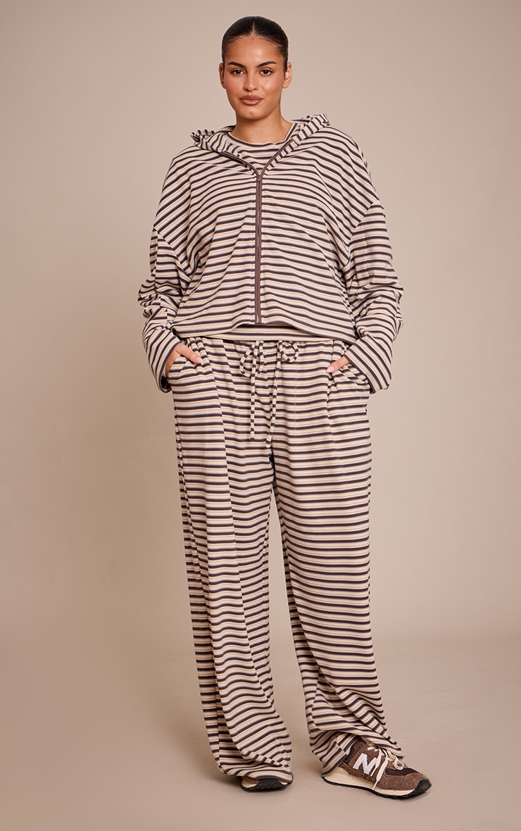 Plus Brown Striped Soft Fleece Zip Up Hoodie image 3