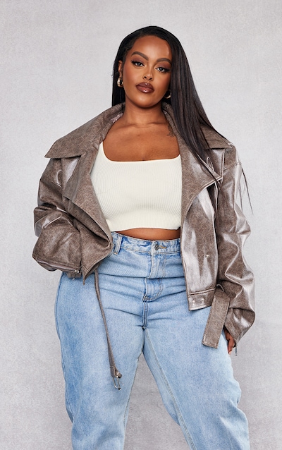 Plus Brown Distressed Faux Leather Relaxed Fit Belted Biker Jacket