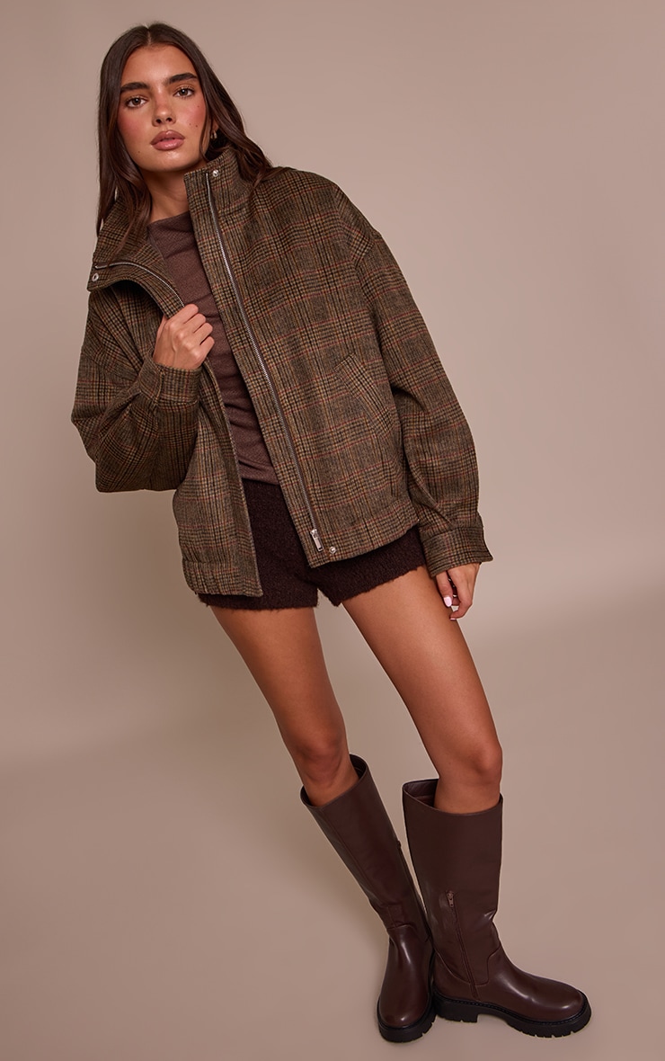 Brown Checked Funnel Neck Bomber Jacket image 3