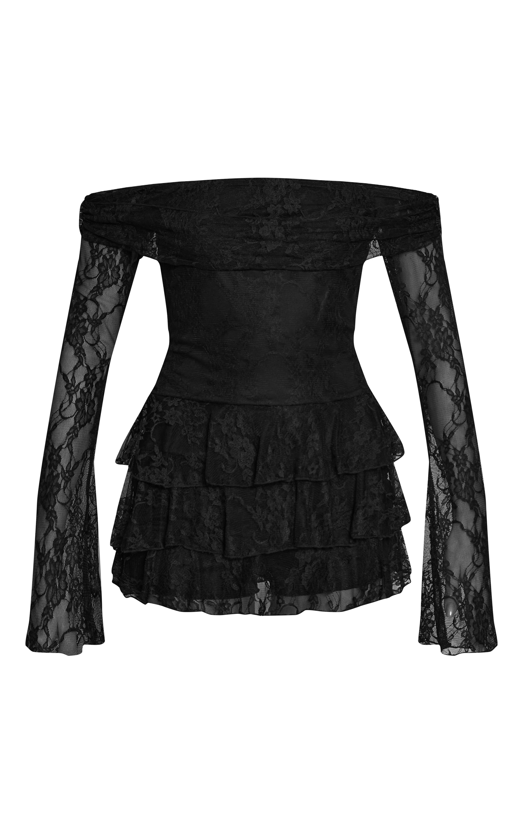 Black Lace Bardot Long Sleeve Skort Romper image 5