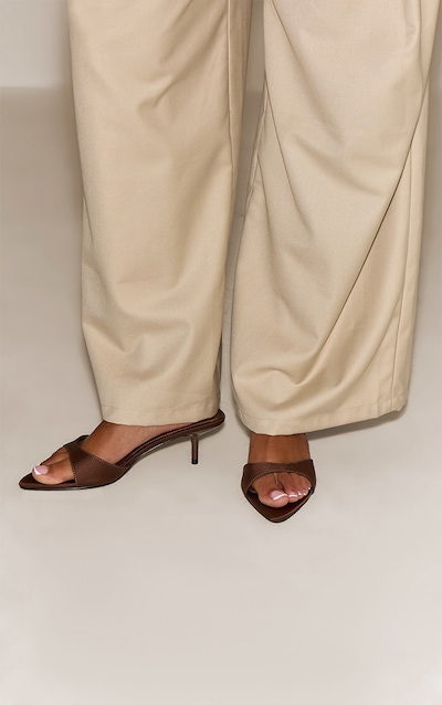 Chocolate Satin Point Toe Thin Strap Low Stiletto Heeled Mules