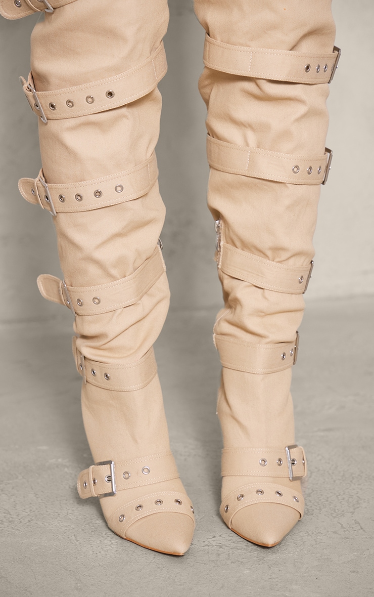 Stone Denim Point Toe Buckled Over The Knee Heeled Boots image 3