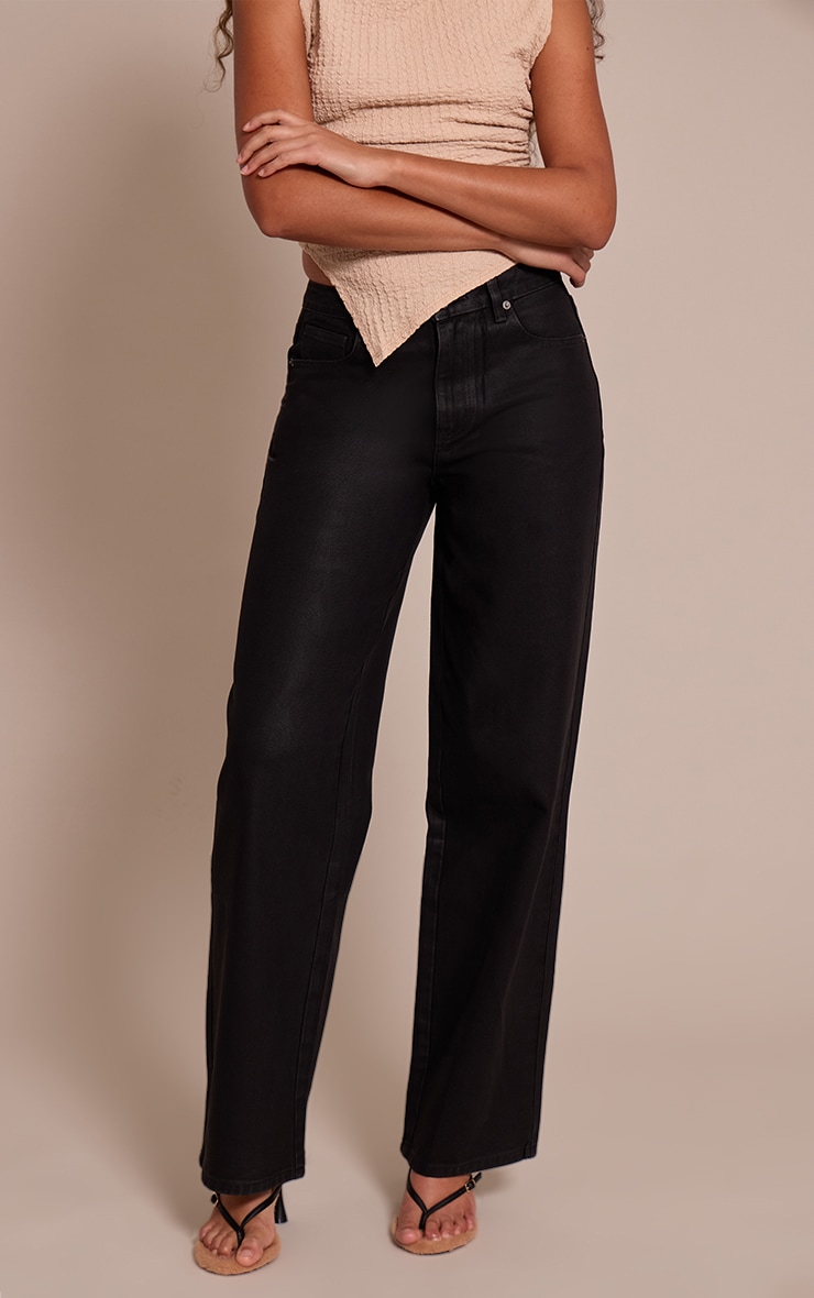 Tall Black Coated Effect Wide Leg Jean image 2