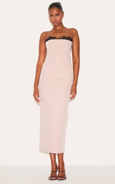 Robe mi-longue tissée taupe à détail en dentelle sur le buste