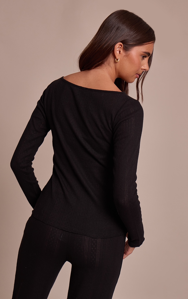 Black Pointelle Boatneck Long Sleeve Top image 2