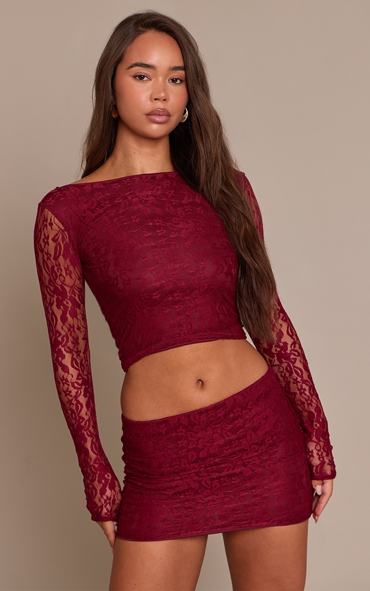 Wine Lace Scoop Back Long Sleeve Top image 1