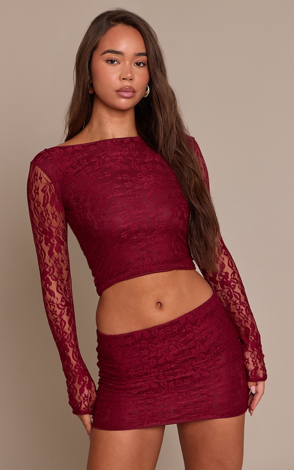 Wine Lace Scoop Back Long Sleeve Top