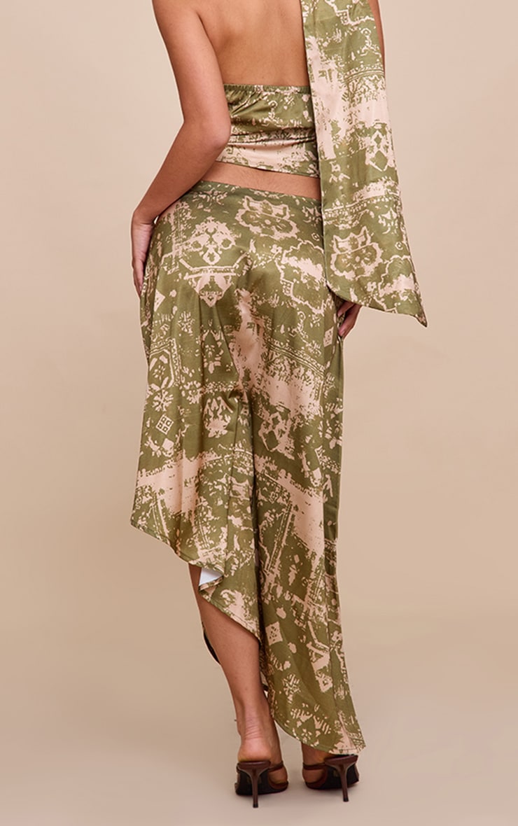 Khaki Printed Satin Asymmetric Midi Skirt image 3