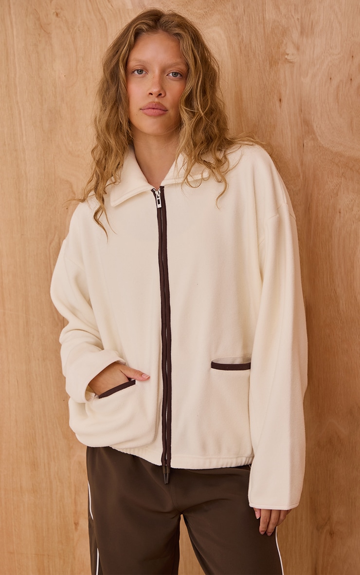Cream Contrast Binding Zip Up Fleece image 1