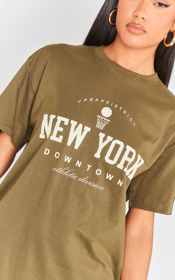 Khaki New York Downtown Slogan Oversized Printed T Shirt image 4