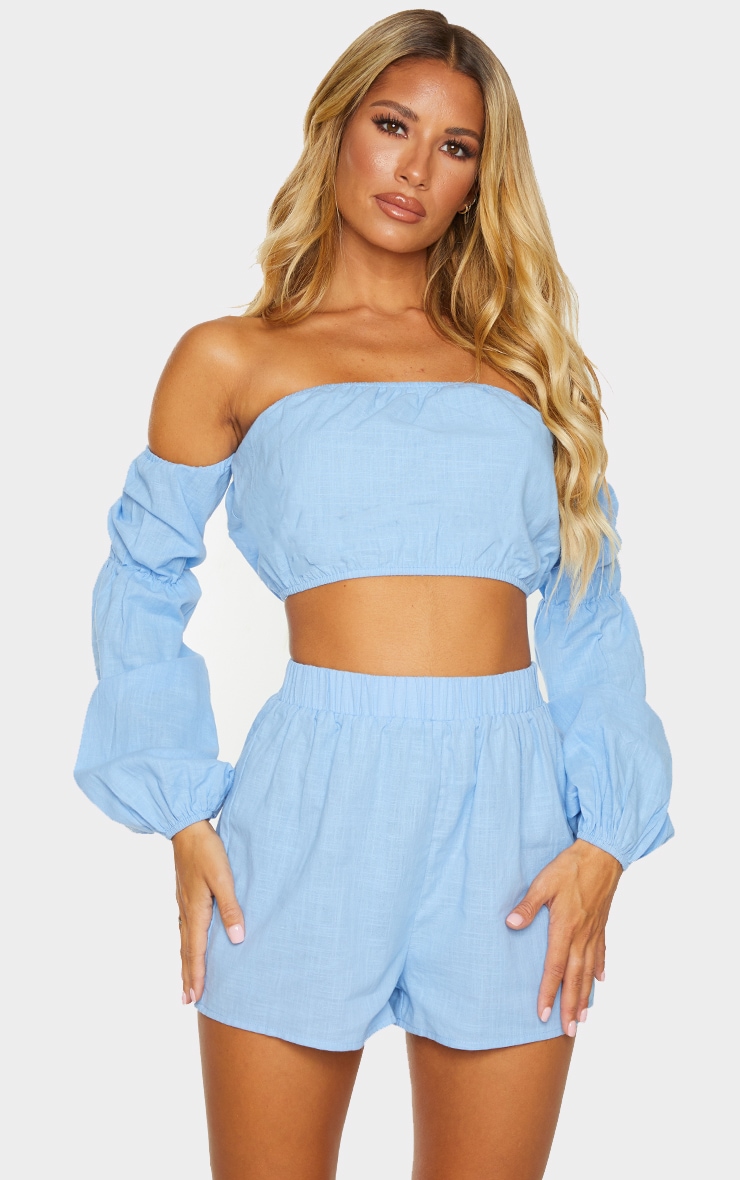 Blue Linen Look Bardot Puff Sleeve Beach Top